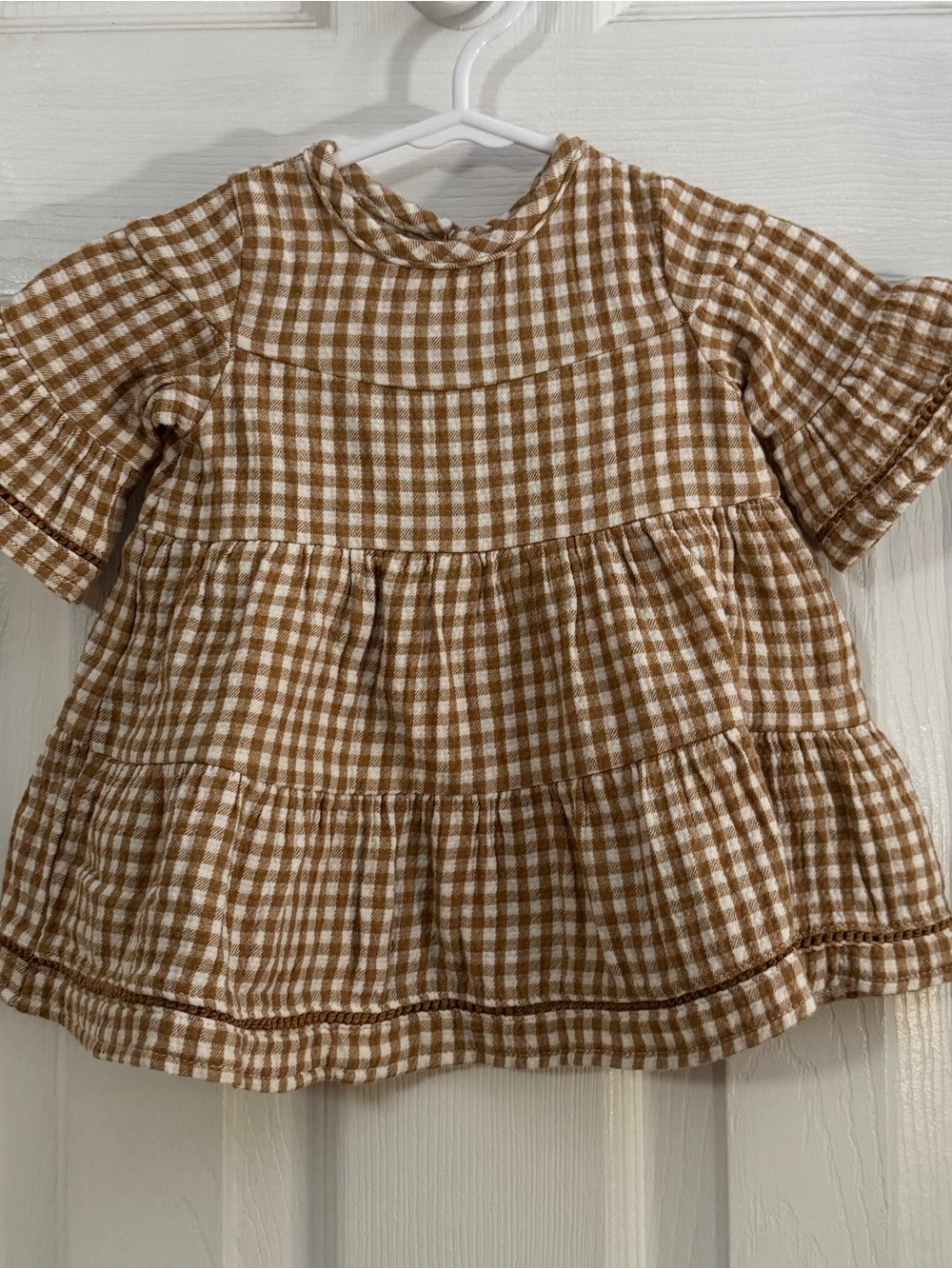 Quincy Mae Baby Girl Tan & White Gingham Tiered Dress 100% Organic Cotton
